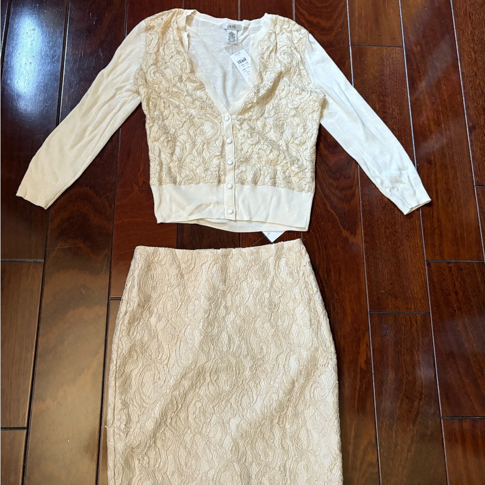 Cache Cream Tan Pencil Skirt Cocktail with Matching Cardigan